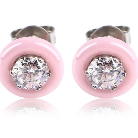 NEW Pink Minimalist 9mm Ceramic Diamond Earrings - Picture 6 of 8